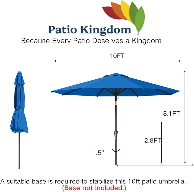 10FT Patio Umbrella Outdoor Market Umbrella with Crank and Tilt, 8 Flexible Fiberglass Ribs, UV-Resistant Waterproof Canopy for Patio, Deck, Garden, Backyard, Royal Blue