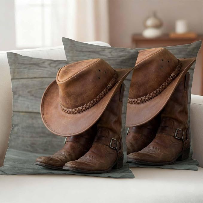 Outdoor Throw Pillow Covers,Western Cowboy Boots Hat Waterproof Decorative Pillowcases Cushion Cover Farm Wooden Plank Pillow Cases for Patio Couch Sofa Bed,16x16in Set of 2