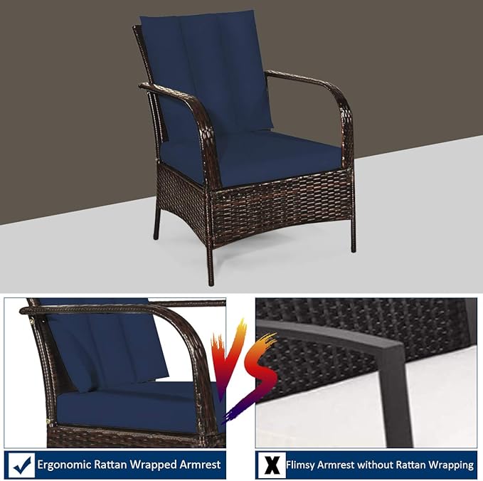 Tangkula 3 Piece Patio Furniture Set, 2 Wicker Chairs with Glass Top Coffee Table, Outdoor Garden Porch Poolside Furniture Set for 2, Rattan Conversation Set