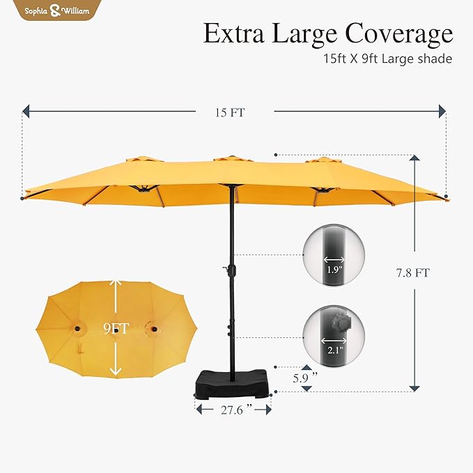 Sophia & William 15 ft Extra Large Patio Umbrella with Base Included, Rectangular Outdoor Umbrella Heavy Duty, Market Umbrella Double-sided Fade Resistant for Pool Garden Backyard, Golden yellow