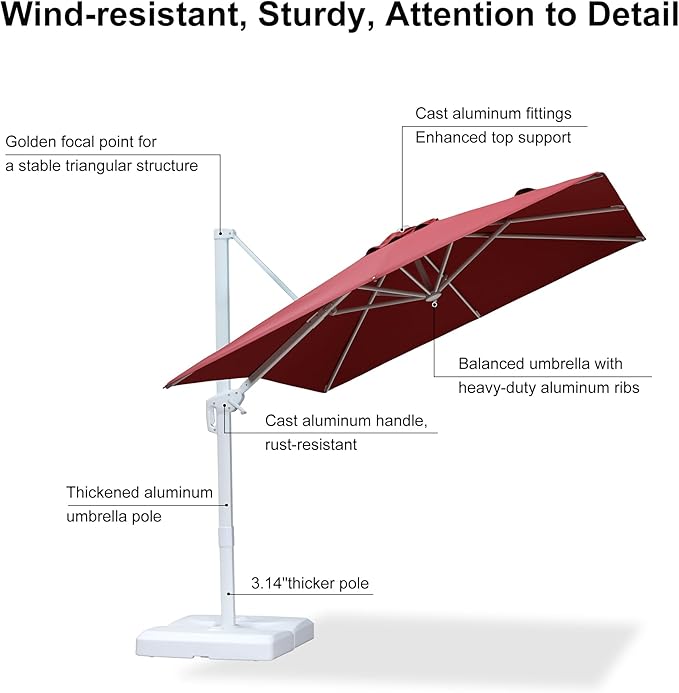 PURPLE LEAF 8 FT Patio Umbrella White Cantilever Umbrella Aluminum Square Outdoor Offset Umbrella Hanging Windproof with 360° Rotation for Garden Deck Pool, Red