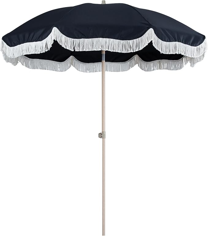 Tempera 7ft Boho Beach & Patio Umbrella with Fringe, Market Umbrellas with UPF 50+ UV & Water-Resistant Canopy, 1.5" Wood Pole & Button Tilt.