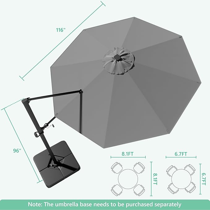 Greesum 10FT Outdoor Patio Umbrella with High Pedel and 4 Gear Heights, Large Offset Umbrella with Solar LED Lights and 360-degree Rotation, Without Base, Hanging Outdoor Shade for Garden, Gray