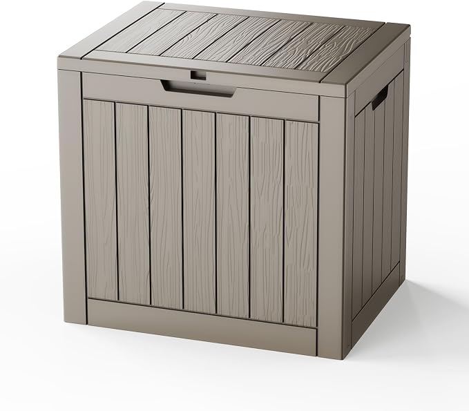 Pepe Tee Waterproof Resin Deck Box, Outdoor Storage Bin with Slatted Texture, All-Weather Patio Side Table & Garden Organizer, Coffee