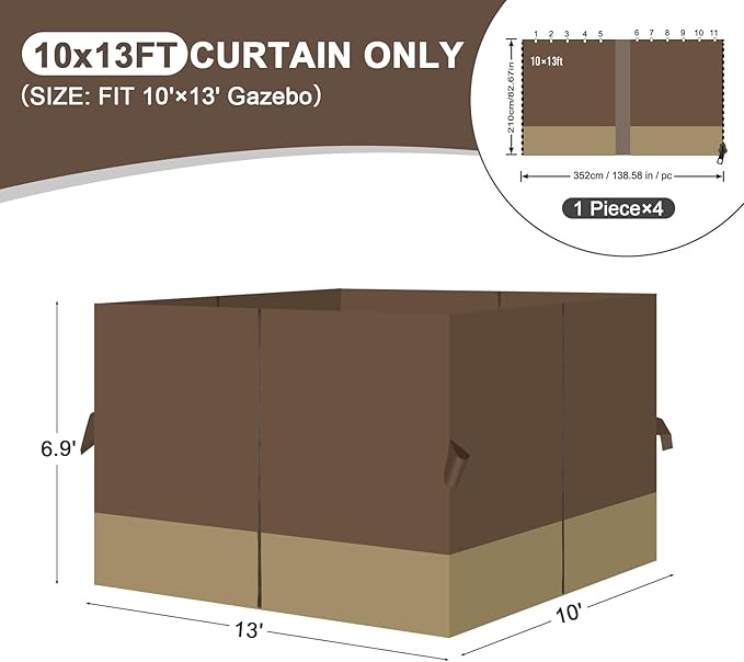 Aoodor 10x13 ft Outdoor Gazebo Curtains, 4 Panels Waterproof Privacy Sidewall Replacement with Zipper for Patio Pergola and Canopy, Brown and Khaki