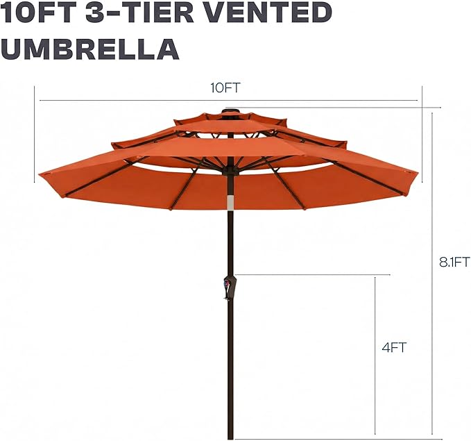 10ft 3 Tier Patio Umbrella, Outdoor Market Table Umbrella with UPF 50+ Vented Canopy, 8 Sturdy Ribs, Easy Push Button Tilt and Crank, Windproof for Deck, Pool, Backyard and Garden