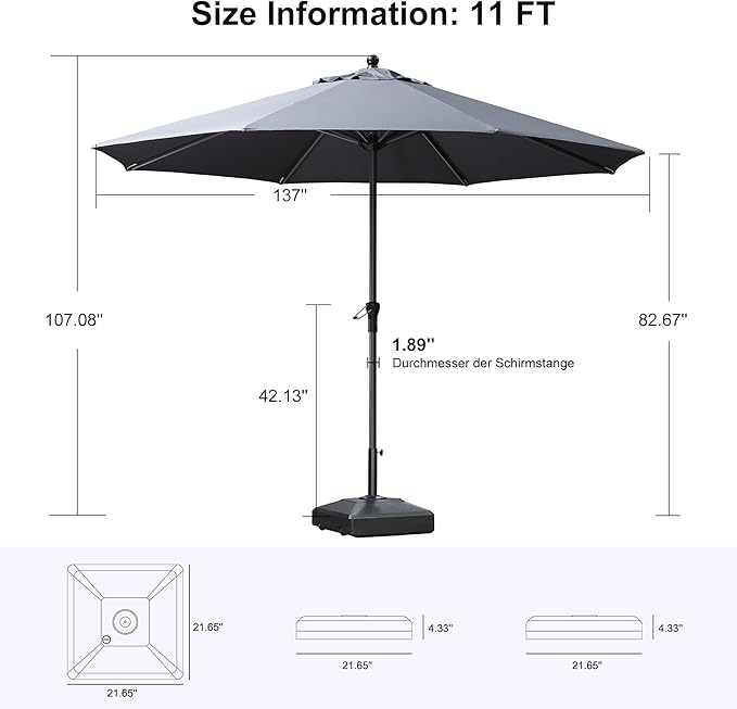 PURPLE LEAF 11' Round Patio Market Umbrella with Base Outdoor Table Umbrellas Aluminum Frame Sun Shade with 8 Sturdy Ribs for Garden Deck Lawn Pool Gray