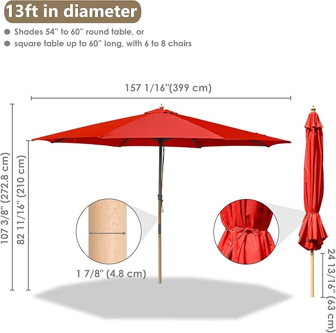 Yescom 13ft Coastal Solid Beech Wood Umbrella Pulley Lift Commercial Base with Wheel Included for Beach Club Seaside Restaurant Terrace Resort Poolside