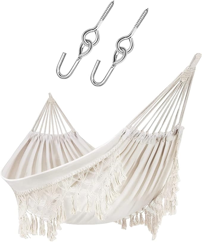 Portable Hammock with Tassel and Hammock Hooks,Indoor Hammock with Macrame Fringe for 2 Persons,Double Boho Hammocks with Tassels,Portable Cotton Rope Hamaca Swing with Travel Bag for Outside
