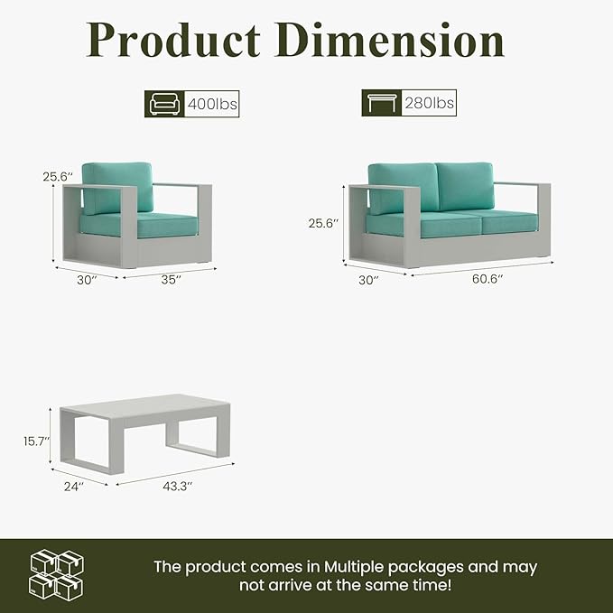 LayinSun Oversized Aluminum Outdoor Furniture Set, 4 Piece Patio Sofa Sets with Coffee Table, Deep Seating and Upgraded 6-inch Cushions for Porch, Balcony, Deck