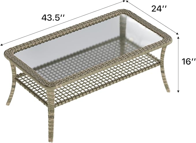LazySunsets Outdoor Coffee Table with Storage Wicker Patio Coffee Table, Tempered Glass Top Table for Patio Outside Balcony Porch Deck, Yellow