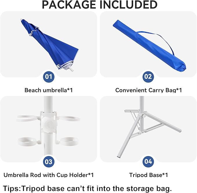 Aoxun Portable Umbrella with Stand, 6.5ft Sun Shade Umbrella with Stand, Lightweight Adjustable Standing with Sand Anchor and Carry Bag, Instant Sun Protection, Easy to Carry, Blue