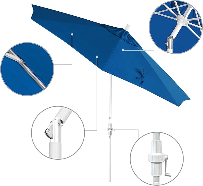 California Umbrella 9' Round Aluminum Market Umbrella, Crank Lift, Collar Tilt, White Pole, Pacifica Pacific Blue