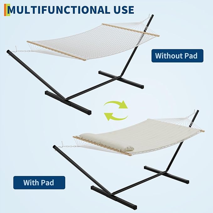 Double Hammock with Steel Stand Included, Portable 2 Person Standing Hammocks with PP Cotton Pad and Pillow, Handmade Cotton Rope Hammock, Outdoor Hammocks for Outside Backyard Garden
