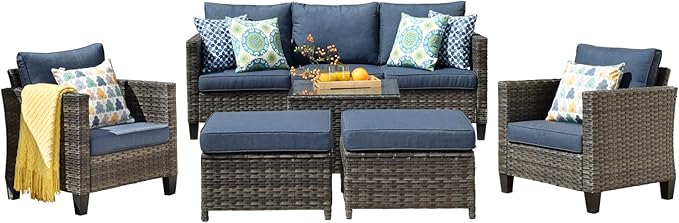 HOOOWOOO 6-Piece Patio Furniture Set–Stylish,Comfortable Outdoor Rattan Sofa Set with 2 Chairs,2 Ottoamns and Coffee Table,Weather-Resistant Patio Conversation Set for Deck,Garden,Balcony (Denim Blue)