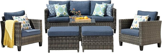 HOOOWOOO 6-Piece Patio Furniture Set–Stylish,Comfortable Outdoor Rattan Sofa Set with 2 Chairs,2 Ottoamns and Coffee Table,Weather-Resistant Patio Conversation Set for Deck,Garden,Balcony (Denim Blue)
