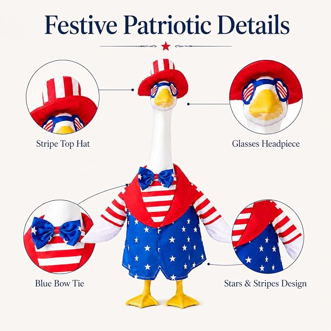 4th of July Porch Goose Outfits for 23 Inch Goose Statue, Patriotic Uncle Sam Goose Costume with Hat Glasses and Bow Tie, Red White Blue Goose Clothes for Independence Day Garden Patio Decor