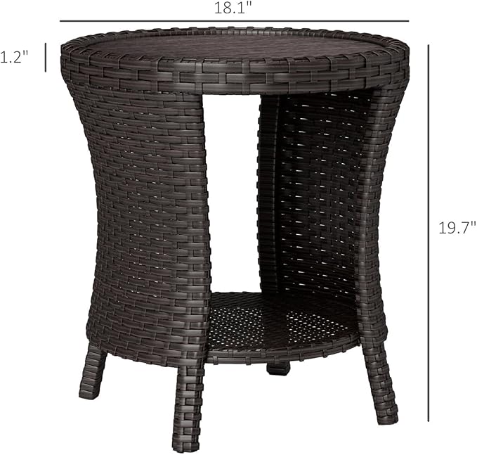 Outdoor Rattan Side Table with 2-Tier Storage, 18.1" Hourglass Shape Outdoor End Table, PE Wicker Bistro Coffee Table with Wood-Plastic Composite Top for Patio Garden Balcony, Brown