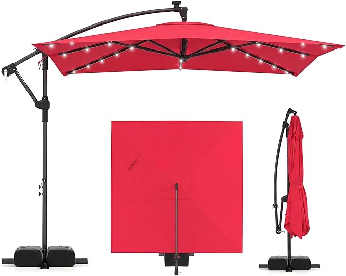 Tangkula 8x8 FT Solar Patio Umbrella with Base Included, Square Offset Cantilever Outdoor Umbrella with 360 Degree Rotation, 32 LED Lights, Crank Handle, 2 Sandbags, 8 Ribs, Air Vent for Pool Deck Garden Backyard
