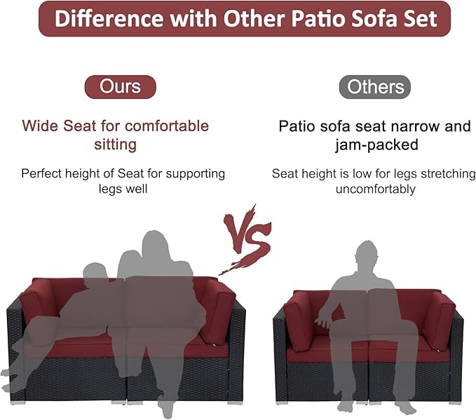 FIZZEEY 7 PCs Outdoor Patio Furniture PE Wicker Rattan Sectional Conversation Sofa Set, Burgundy
