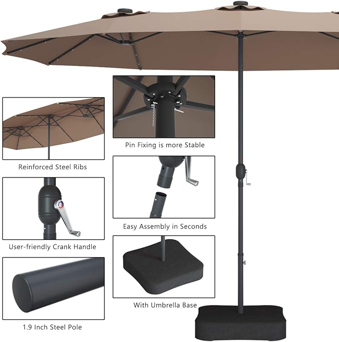 Tangkula 15 Ft Solar Patio Umbrella with Base, Extra Large Outdoor Double-Sided Twin Umbrella with 36 LED Lights & Crank Handle for Garden, Deck, Poolside, Patio (Tan)