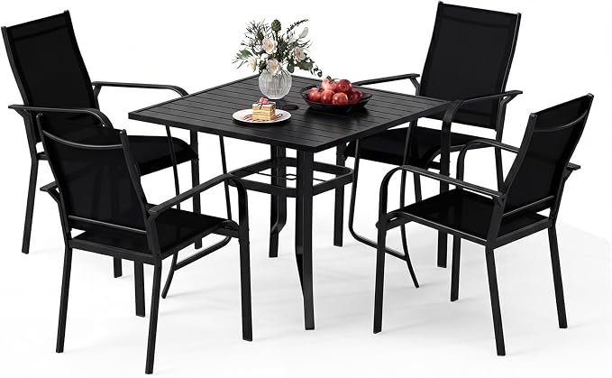 Tangkula 5 Pieces Patio Dining Set for 4, Outdoor Square Table and Stackable Chairs with Umbrella Hole, Outside Furniture Set for Backyard, Garden and Deck (37",Black)