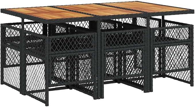 7 Piece Garden Dining Set, Outdoor Patio Furniture with Rectangular Acacia Wood Top Table and 6 Foldable PE Rattan Chairs, Black Wicker Dining Set for Backyard