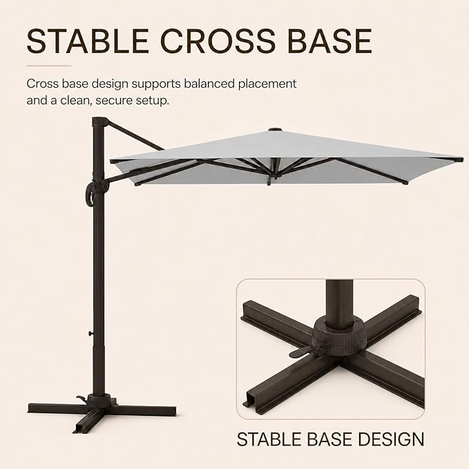 Kingdura 9' X 9' Cantilever Patio Umbrella with Base Included, Large Square Outdoor Offset Umbrella with 360-degree Rotation, 4 Position Tilt, UV Protection for Pool Deck Garden Patio (Light grey)