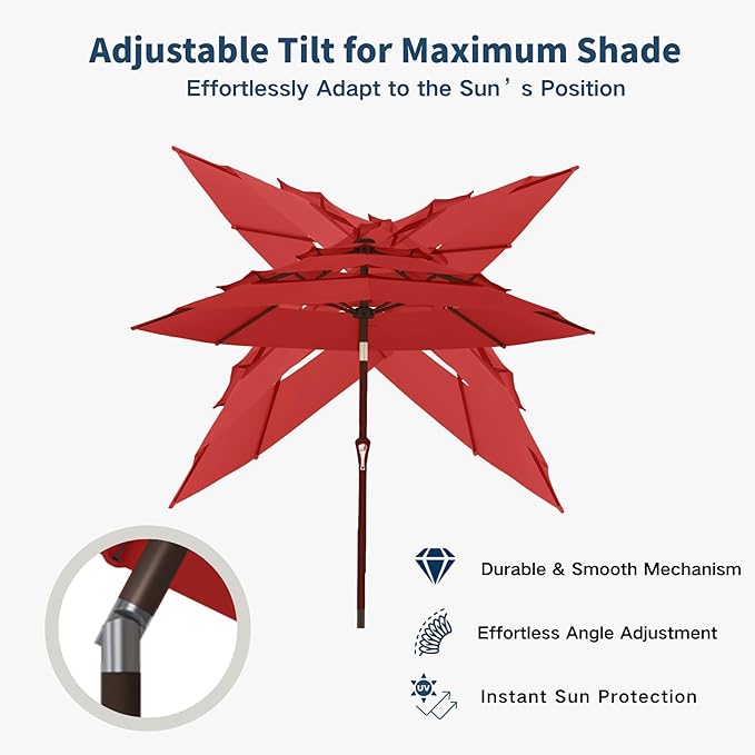 10FT Patio Umbrella 3 Tiers Outdoor Market Umbrella w/Push Button Tilt, Crank, UV and Waterproof Table Umbrella for Garden, Pool, Backyard, Deck, Lawn, Red