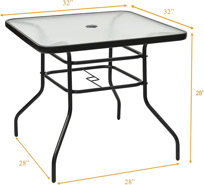 KOTEK 32'' Patio Table with Umbrella Hole, Outdoor Bistro Table w/Tempered Glass Top & Sturdy Metal Frame, Square Patio Dining Table Coffee Table for Garden, Balcony, Poolside