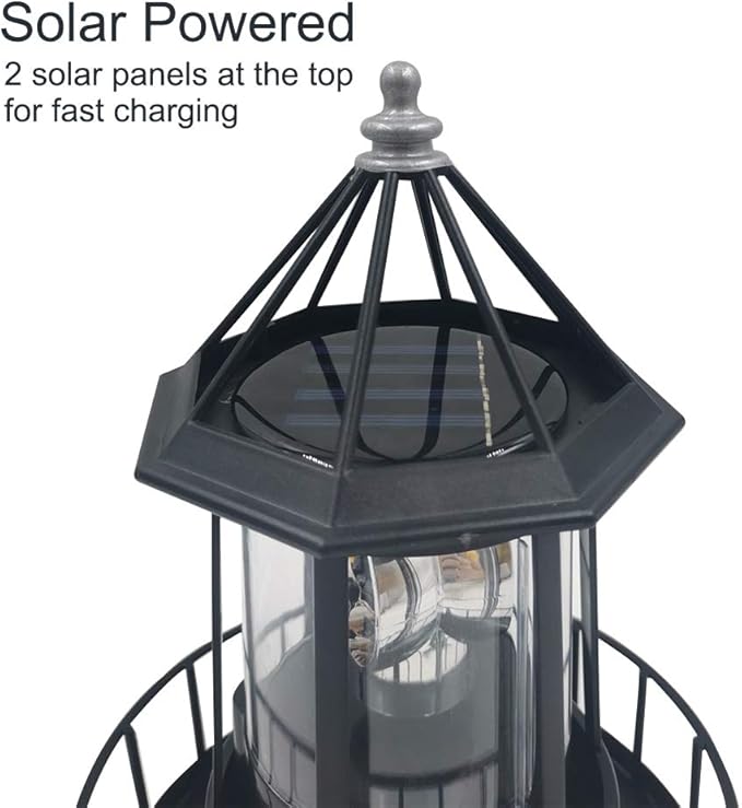 Solar Lighthouse Rotating Light with 360° Beacon, IP65 Waterproof Outdoor LED Decor for Garden, Yard, Pathway & Patio - Solar-Powered Lawn Statue Lamp for Balcony & Fence Decoration(Color:Black)