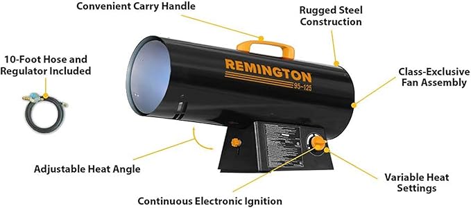 Remington 125,000 BTU LP Propane Forced Air Heater | For Warehouses, Construction Sites, and Workshops (REM-125V-GFA-O)