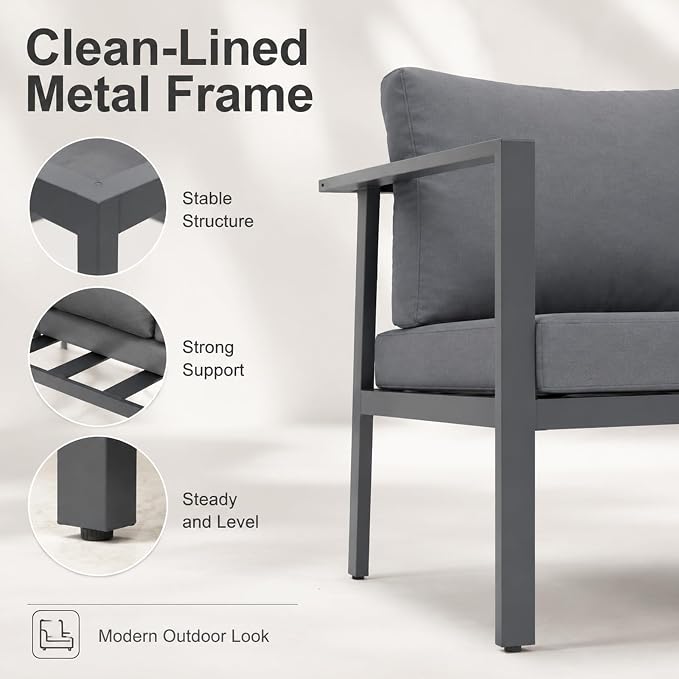 Aluminum Patio Sectional Furniture Set,4 Piece Patio Conversation Sets Outdoor Patio Furniture Set Sofa with Coffee Table & Washable Cushions Grey