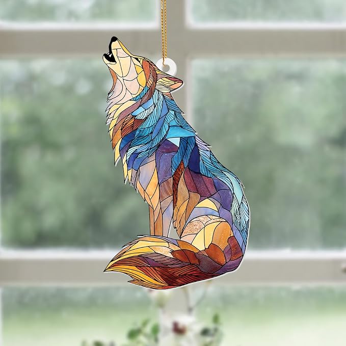 Wolf Stained Glass Ornament, Howling Wolf Window Hanging Acrylic Suncatcher, Wildlife Animal Decor for Home, Car Mirror, Office, Collectible Ornament Gift for Wolf Lovers (Sun-09)