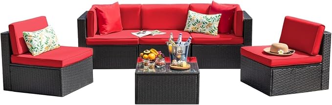 6-Piece Outdoor Patio Furniture Set with Manual Weaving Rattan Sectional Sofa, Glass Coffee Table, Cushions Included, Wicker Patio Conversation Set for Garden, Backyard, Porch Lounge Areas(Red)