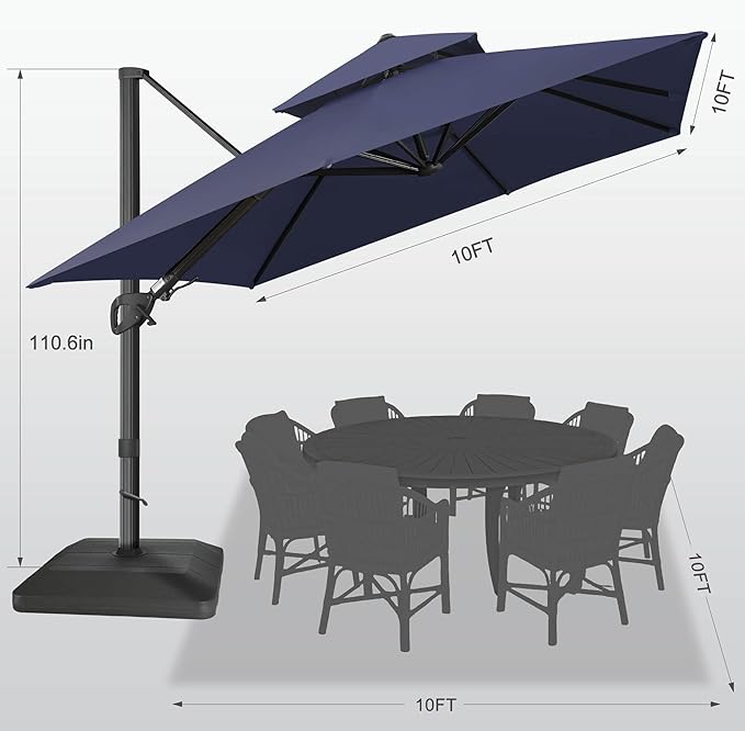 FLAME&SHADE 10 X 10 FT Cantilever Patio Umbrella - Large Square Offset Umbrella Outdoor Patio with 360-Degree Rotation and 3-Year Fade Resistance Fabric for Deck Pool Backyard Garden (Navy Blue)