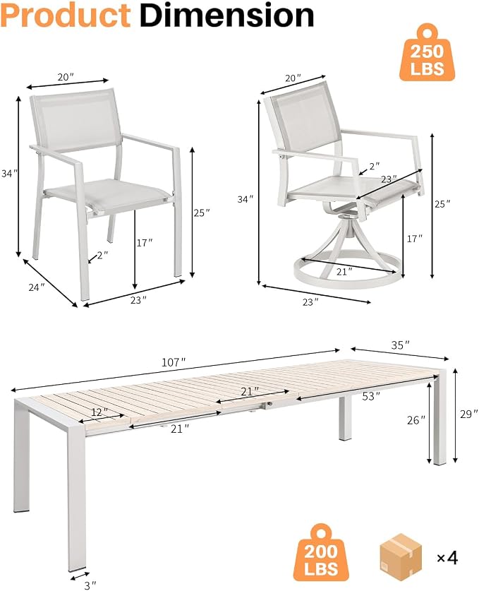 11 Pieces Expandable Outdoor Dining Set for 10, Aluminum Patio Dining Set with 2 Swivel Chairs, Extendable Dining Table with Wood Grain Tabletop and Stackable Textilene Chairs for Deck, Yard