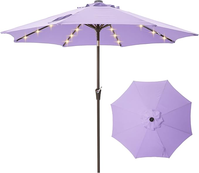 9FT Solar-Powered LED Patio Umbrella with Tilt Crank,Outdoor Market Umbrella with 32 Lights,Sunshade for Deck, Garden and Pool