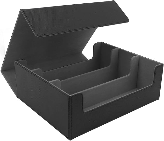 Card Deck Box 3 Rows Large Capacity Magnetic Closure PU Leather Card Deck Storage for Game Tarot (Black with Grey Lining)