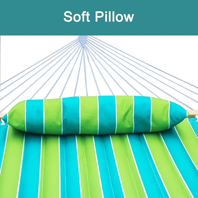 2 Person Outdoor Hammock with Curved Spreader Bar, Heavy Duty Hammock with Stand for Outside, Hamacas para Adultos with Pillow, Amacas for Garden, Backyard, Pool, Beach, Green Stripe