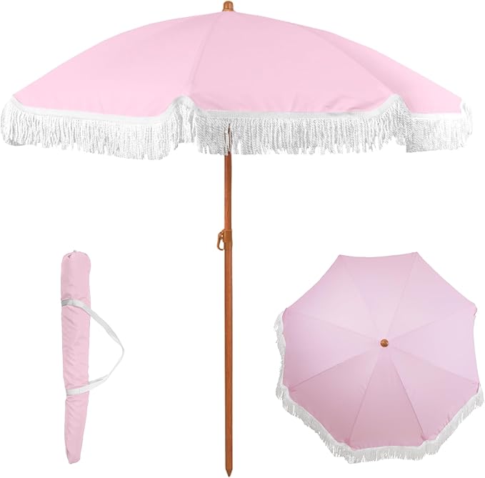 6 Ft Fringe Patio Umbrella - Outdoor Umbrella for Patio, Pool, Table, Garden, Deck, Beach, and Outdoors - Fashionable Boho Vintage Tassels & Wood Print - Push Button Tilt Pole