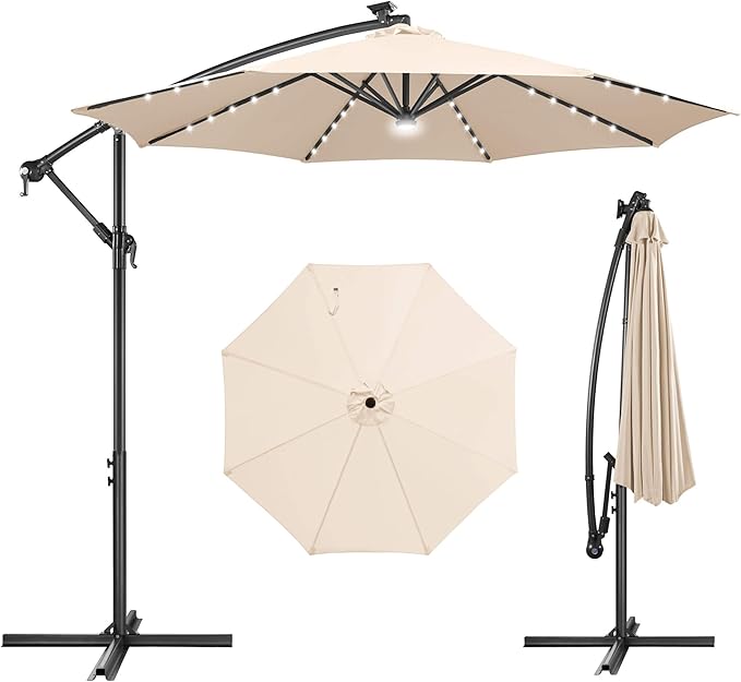 Solar Offset Patio Umbrella - 10 FT Solar Cantilever Umbrella Outdoor with 40 LED Lights and Cross Base, UV Protection for Garden, Deck, Backyard, Pool, Porch, Beige