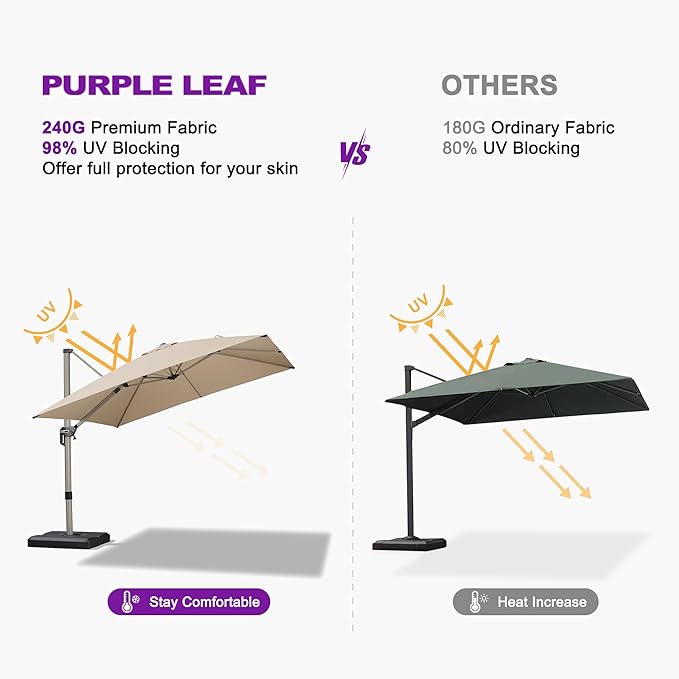 PURPLE LEAF 10’ X 10‘ Patio Umbrella Outdoor Cantilever Umbrella, Aluminum Offset Umbrella with Champagne Frame and 360° Rotation for Pool Deck Garden, Beige