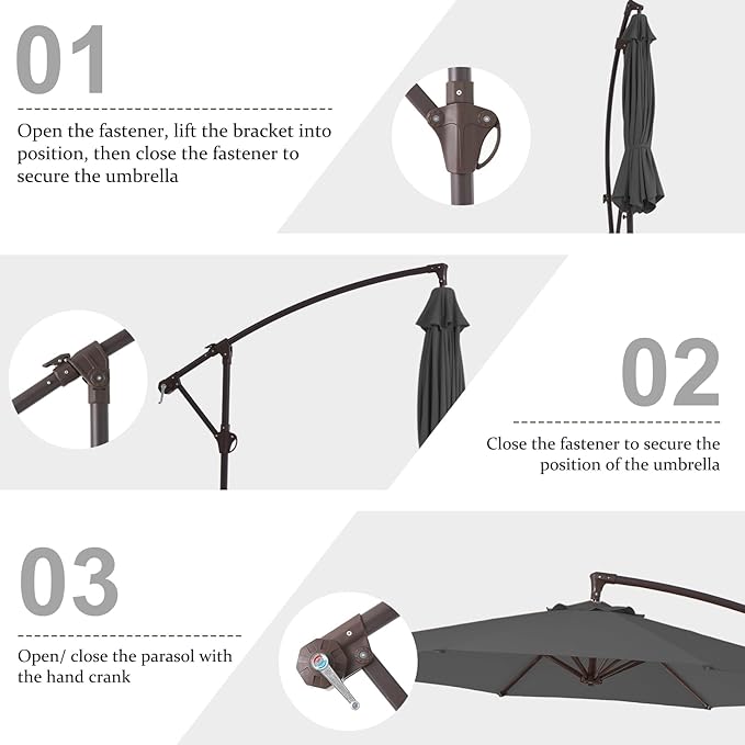 10FT Patio Umbrella, Outdoor Offset Cantilever Umbrella with Sturdy 8 Ribs and Reinforced Base, Easy Tilt Adjustment for Backyard Pool Garden,Grey