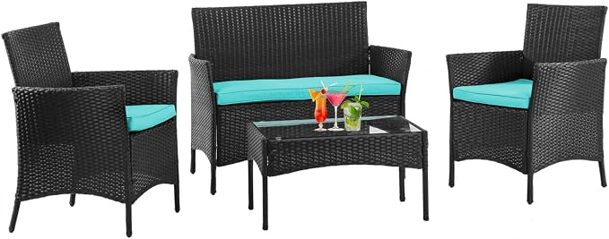 NChanmar Patio Furniture Set, 4 Pieces Outdoor Furniture Rattan Chair, Patio Table and Chairs Set, Wicker Sofa for Yard,Pool and Backyard, Blue