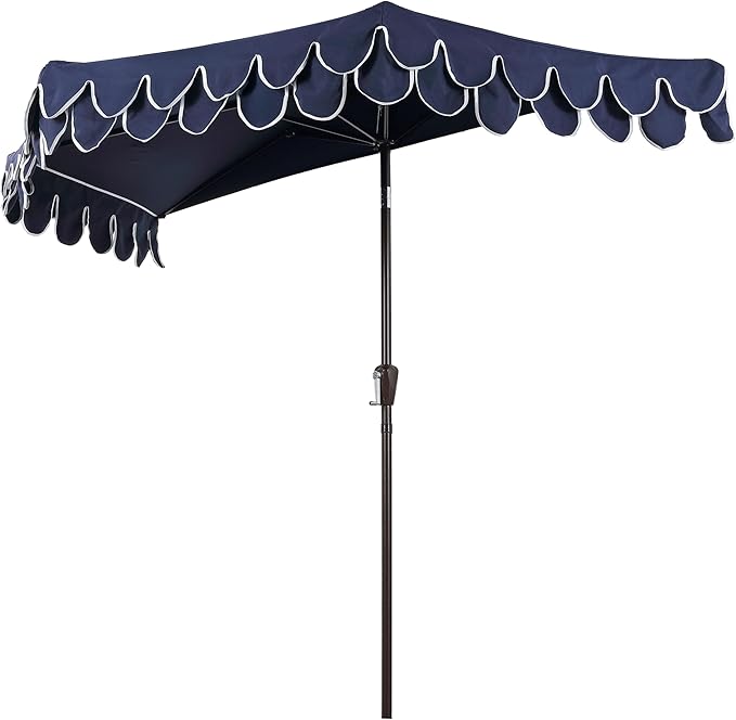 JONATHAN Y Terrace Scalloped 9 ft. Half Round Patio Umbrella with Crank Lift and Tilt, Coastal Semicircle Market Wall Umbrella for Balcony, Navy/White, Dark Brown Pole UMB1202B