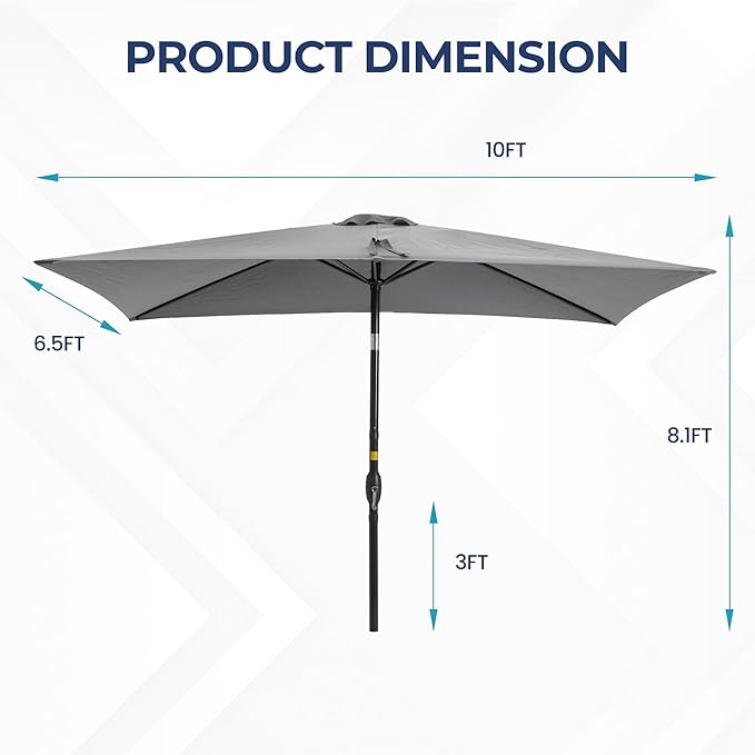 Wisteria Lane 6.5' x 10' Patio Umbrella, Rectangular Patio Umbrella, Metal Pole Square Outdoor Umbrella with Crank and Push Button Tilt, Large Outdoor Umbrella with Polyester Canopy