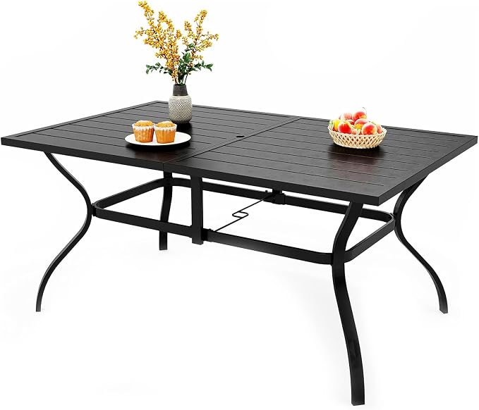 PHI VILLA Outdoor Dining Table for 6, 60" Long Rectangular Metal Wrought Iron Table with Umbrella Hole, All-Weather Large Furniture for Patio, Backyard, Porch