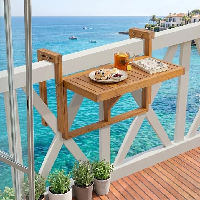 Acacia Wood Balcony Hanging Table – Stable Fixed Outdoor Railing Table – Weather-Resistant White Finish – Adjustable Mounting for Small Balcony, Patio, and Porch (Natural Wood - 2pcs)