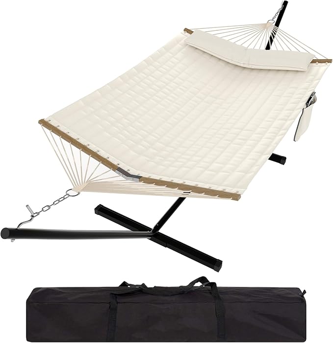 2 Person Hammock Set - Portable 500Lb Capacity for 2 Person w/Steel Frame, V Spreader Bar & Carry Bag - Freestanding Indoor Outdoor Use (White)